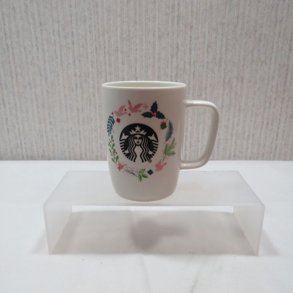 Starbucks Christmas Holiday Coffee Mug Pink Doves Holly Presents - 8 ounce